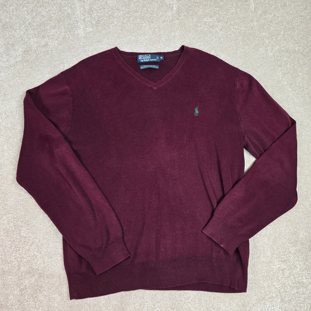 Polo Ralph Lauren Mens Pima Cotton‎ V-Neck Sweater Burgundy Maroon Pony Logo M